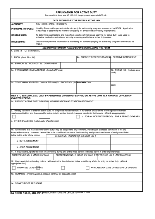 Application For Active Duty (Da Form 160-R 2010) Printable pdf