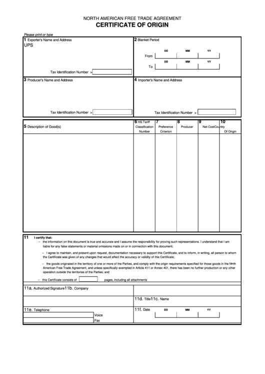 Cbp Form 434 - North American Free Trade Agreement Certificate Of Origin Printable pdf