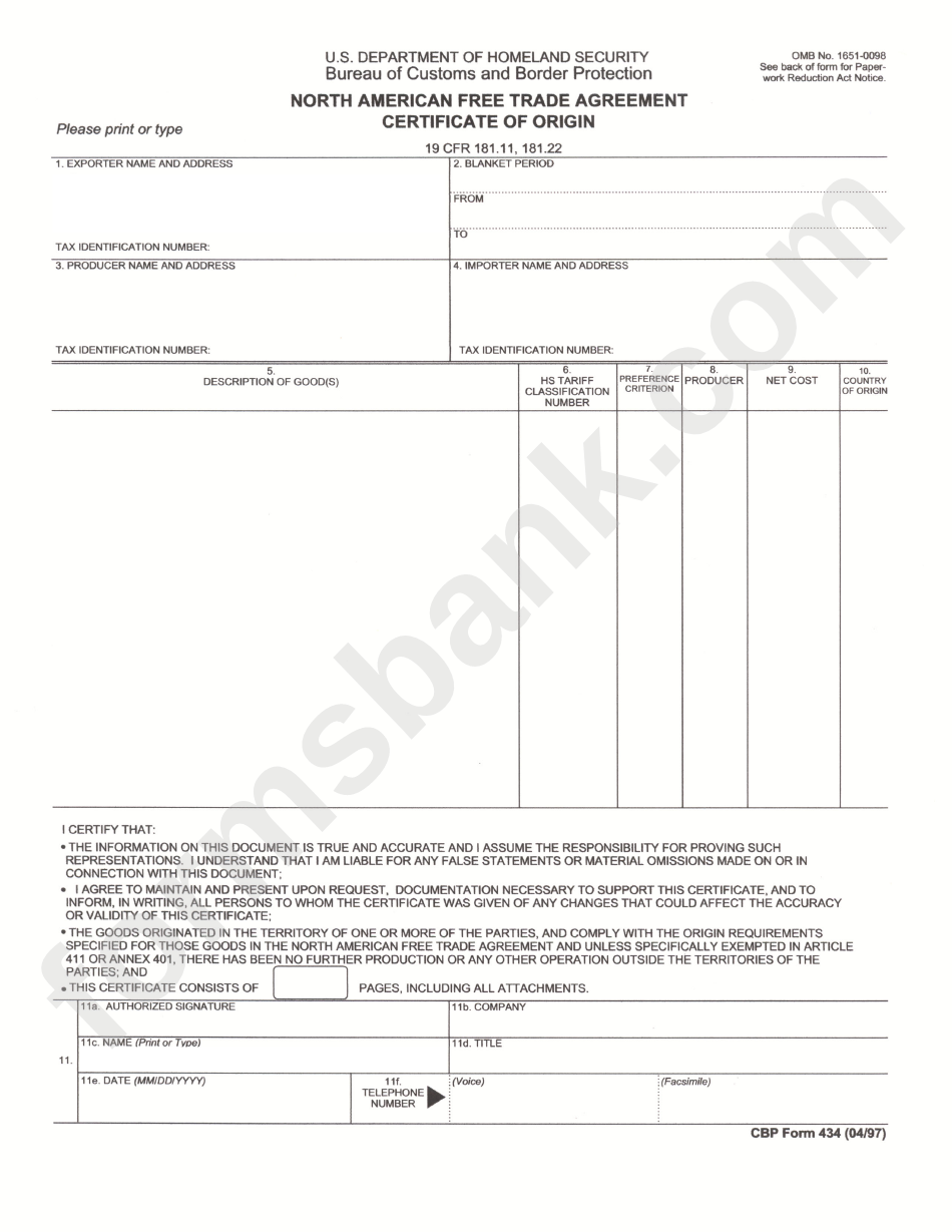 Cbp Form 434 - North American Free Trade Agreement Certificate Of Origin
