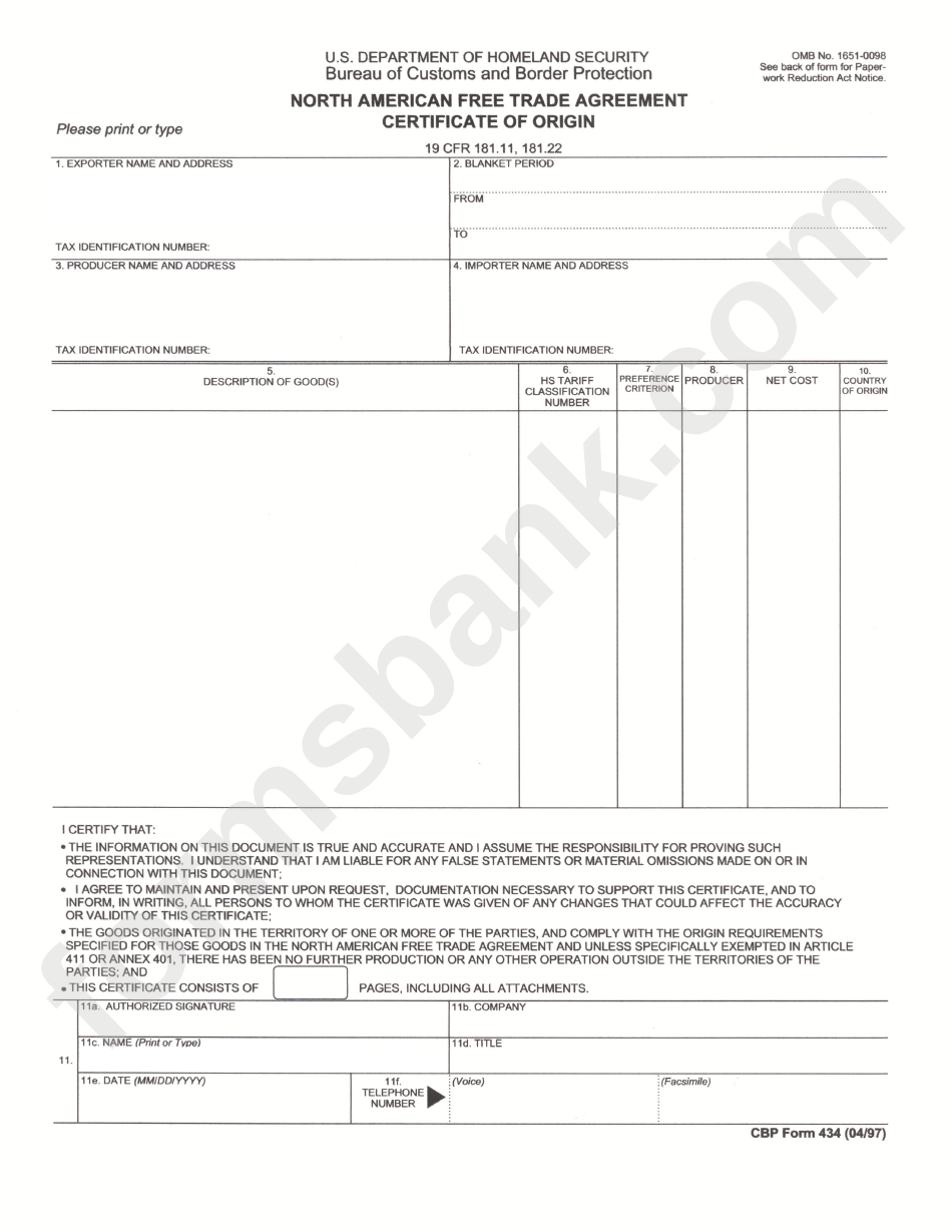 Fillable Cbp Form 434 North American Free Trade Agreement Certificate 