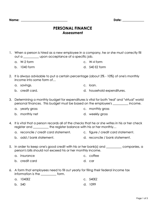 Personal Finance Assessment Printable pdf