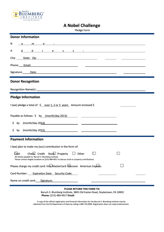 Blumberg Nobel Challenge, Pledge Form Printable pdf