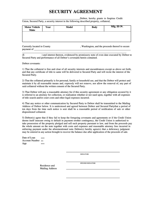 Fillable Security Agreement Printable pdf