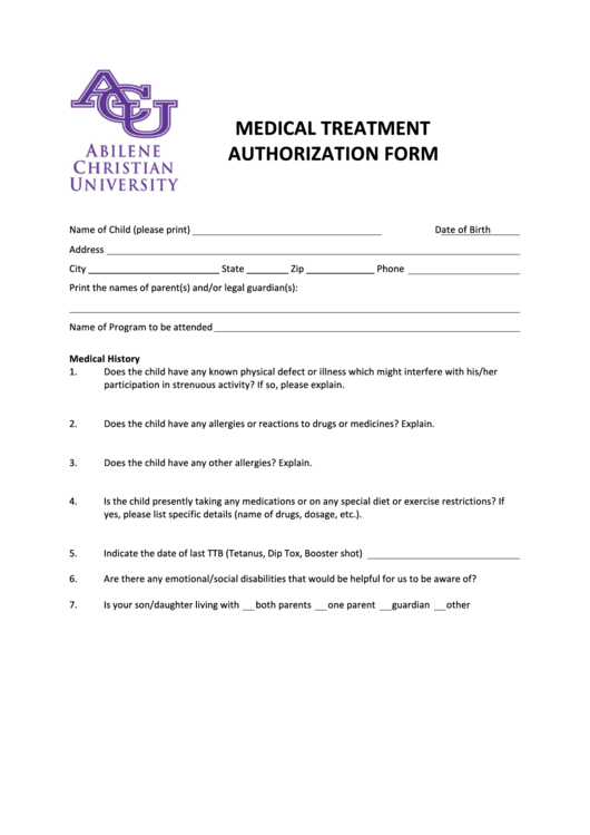 Medical Treatment Authorization Form Printable pdf