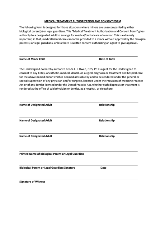 Medical Treatment Authorization And Consent Form Printable pdf