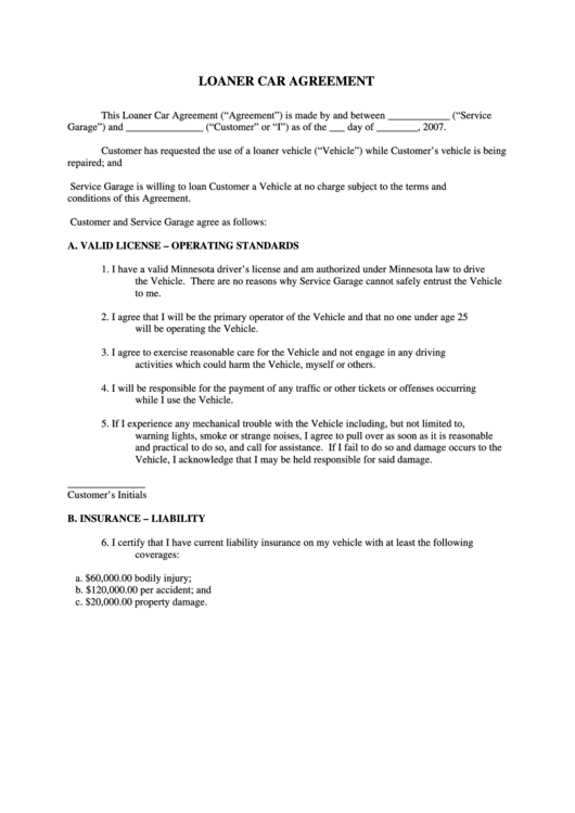 Loaner Car Agreement Printable pdf