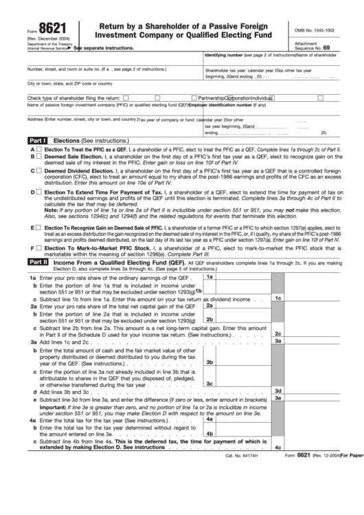 Fillable Form 8621 (Rev. December 2004) - Return By A Shareholder Of A Passive Foreign Investment Company Or Qualified Electing Fund Printable pdf