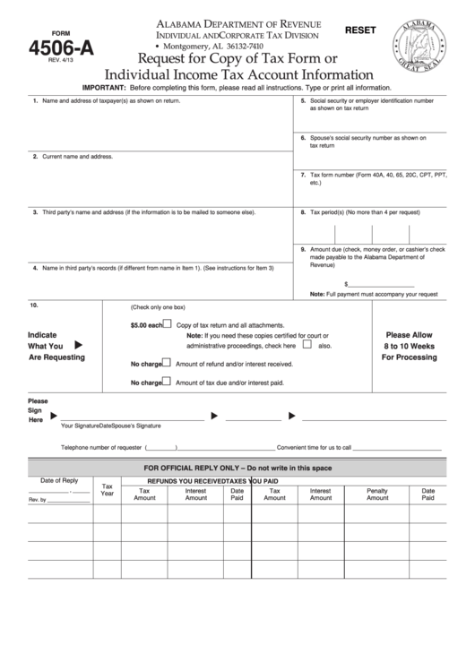 Fillable Form 4506-A - Request For Copy Of Tax Form Or Individual Income Tax Account Information Printable pdf