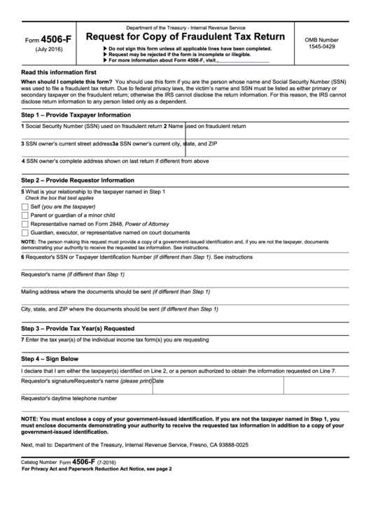 Fillable Form 4506-F - Request For Copy Of Fraudulent Tax Return - 2016 Printable pdf