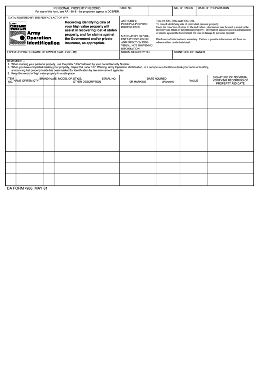 Da Form 4986, Army Operation Identification Printable pdf