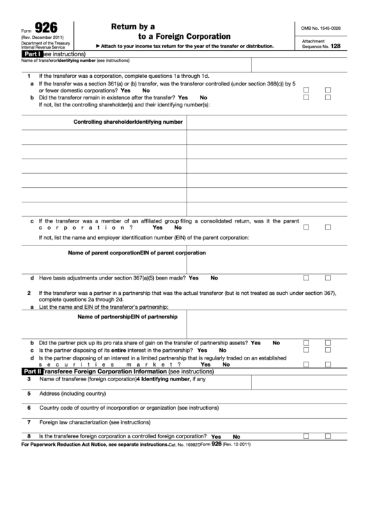 Fillable Form 926 (Rev. December 2011) - Return By A U.s. Transferor Of Property To A Foreign Corporation Printable pdf