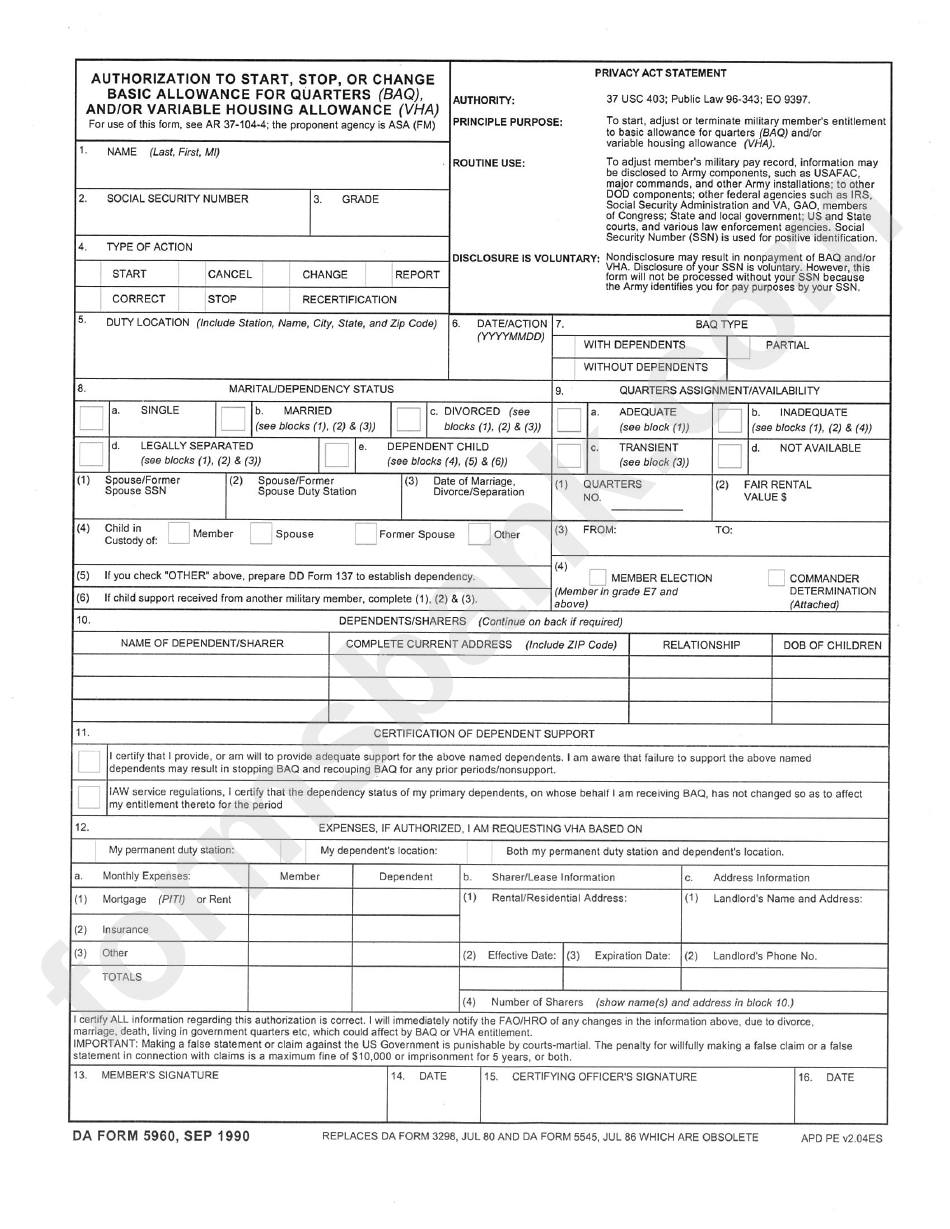 Da Form 5960 (1990) - Authorization To Start, Stop, Or Change Basic Allowance For Quarters