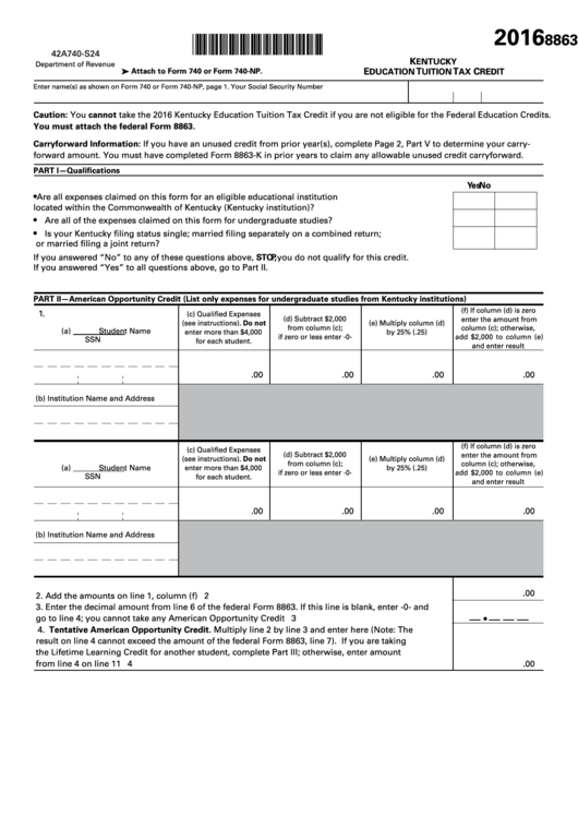 Form 8863 K Kentucky Education Tax Credit 2016 Printable Pdf Download