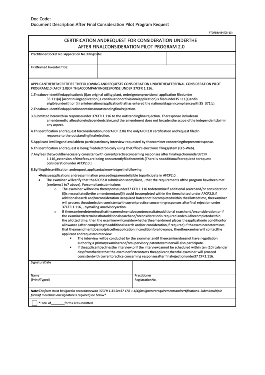 Fillable Certification And Request For Consideration Under The After Consideration Pilot Program 2.0 Printable pdf