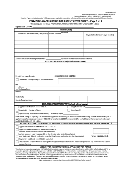 Fillable Provisional Application For Patent Cover Sheet Printable pdf