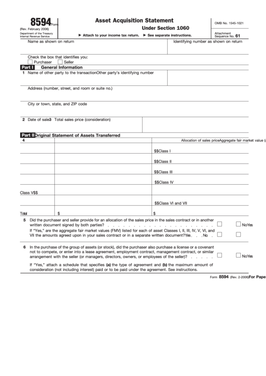 Fillable Form 8594 (Rev. February 2006) - Asset Acquisition Statement Printable pdf
