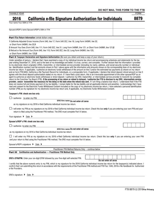 Fillable Form 8879 - California E-File Signature Authorization For Individuals - 2016 Printable pdf