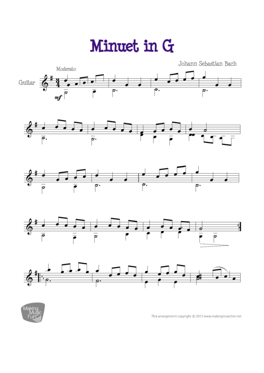 Minuet In G Sheet Music Printable pdf