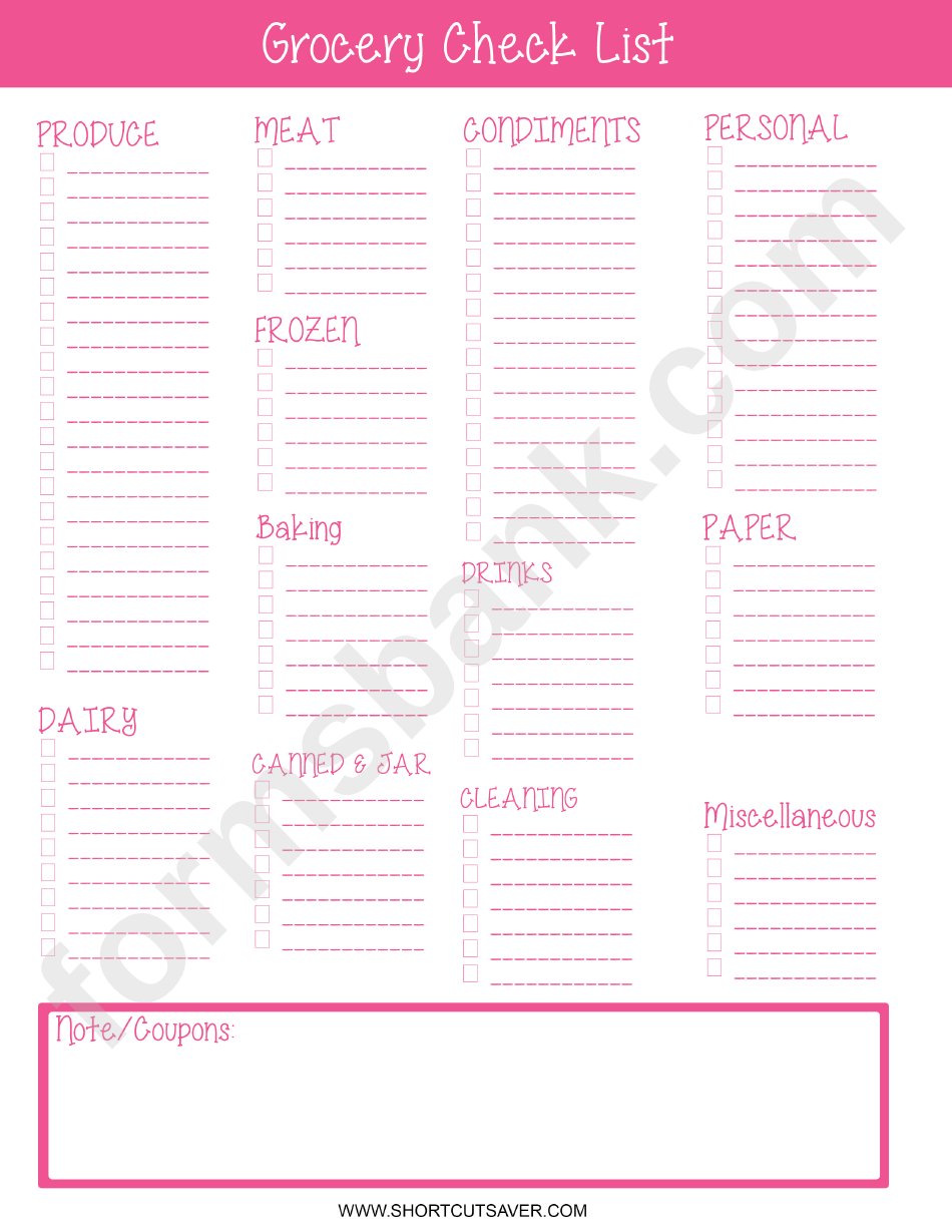 Blank Grocery Checklist Template