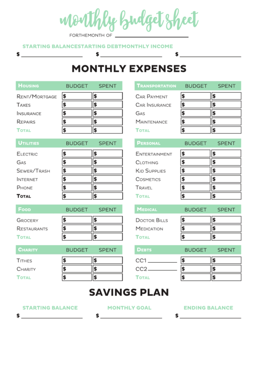 Monthly Budget Template Printable pdf