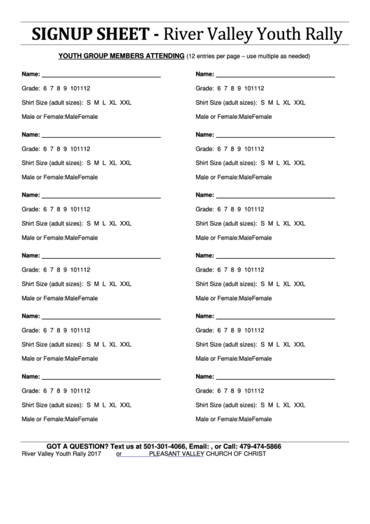 Fillable Signup Sheet - River Valley Youth Rally Printable pdf