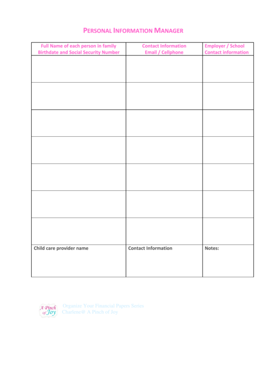 Personal Information Manager Printable pdf