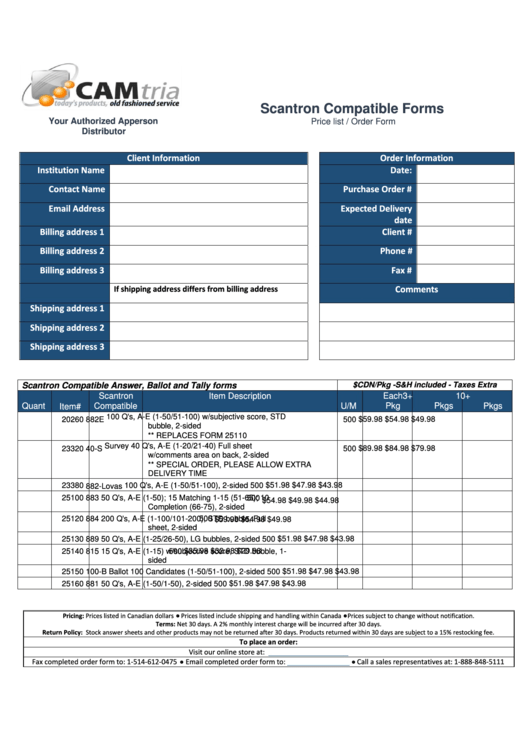 Scantron Compatible Forms Price List / Order Form Printable pdf