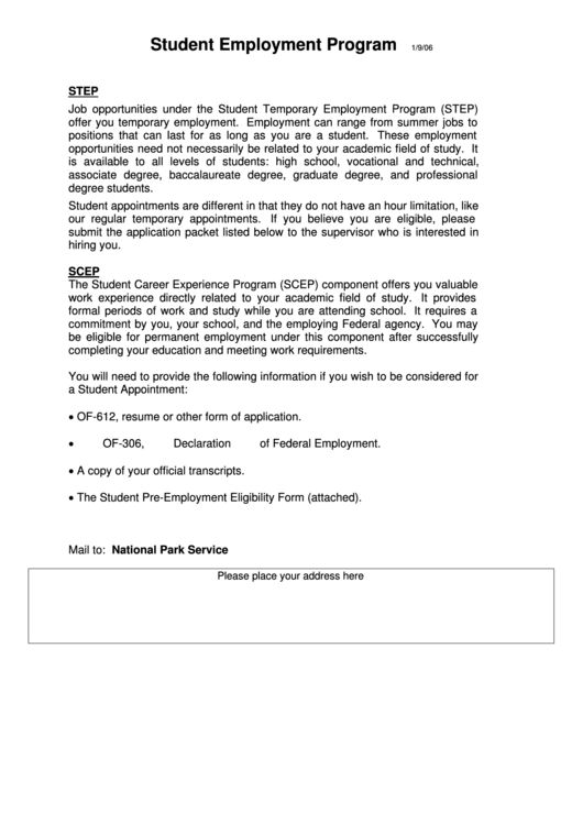 Student Employment Program - Pre-Employment Eligibility Form Printable pdf