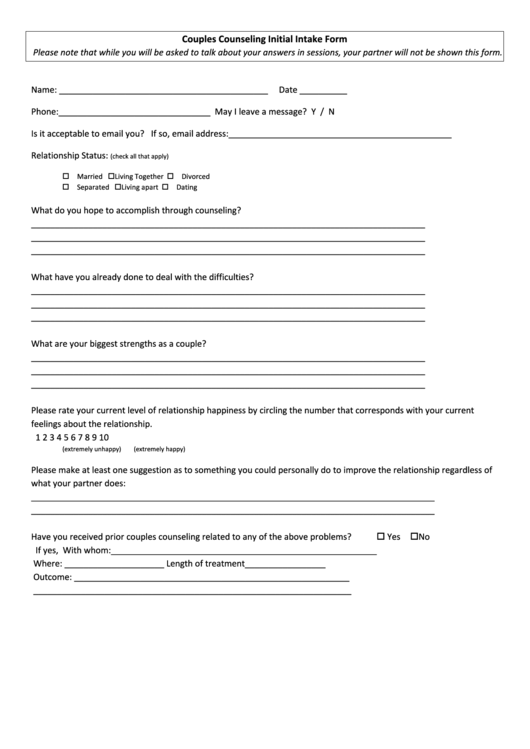 Couples Counseling Initial Intake Form Printable pdf