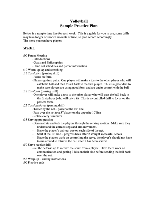 Volleyball Sample Practice Plan Printable pdf