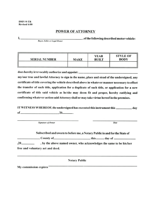 Fillable Dmv-9-Tr - Power Of Attorney Form Printable pdf
