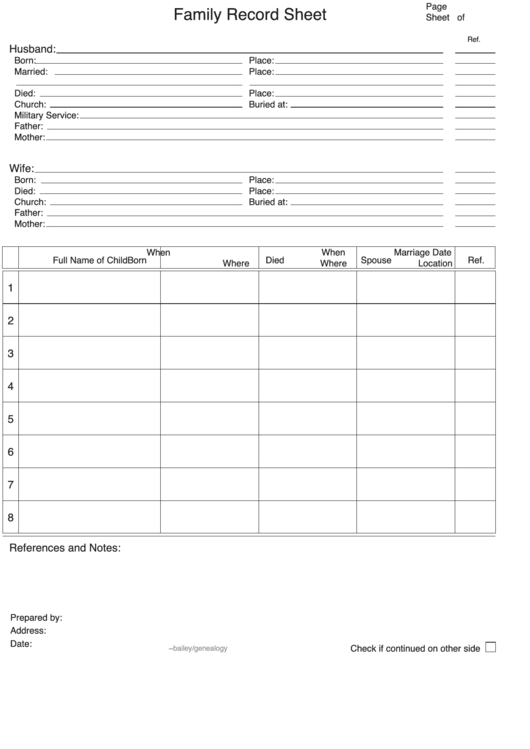 Family Record Sheet Printable pdf