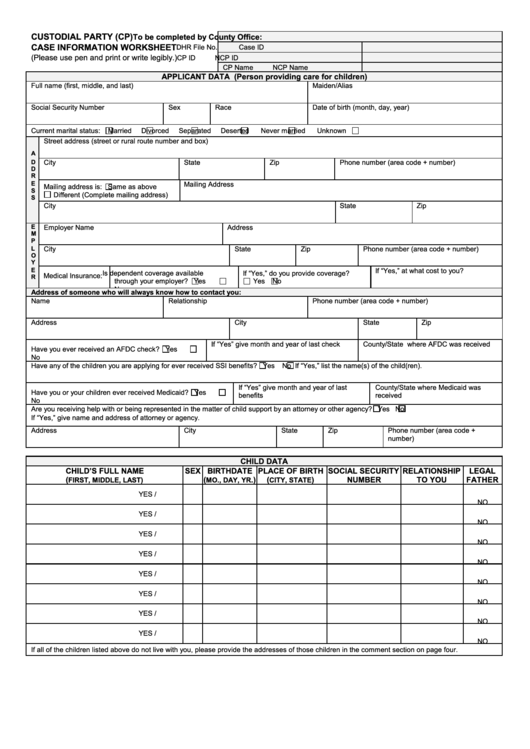 Custodial Party Case Information Worksheet Printable pdf