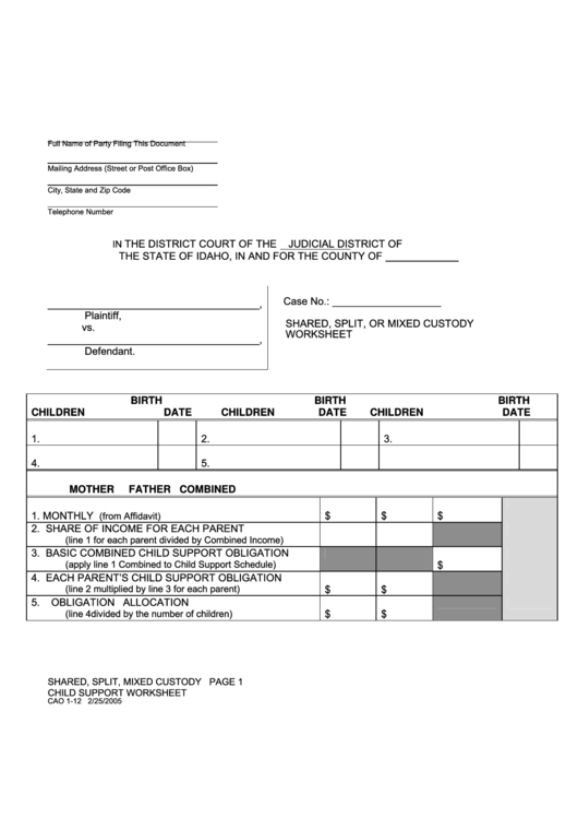 Shared, Split, Or Mixed Custody Worksheet Printable pdf