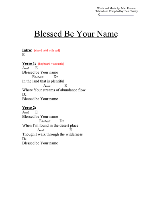 Blessed Be Your Name (A) Chord Chart Printable pdf