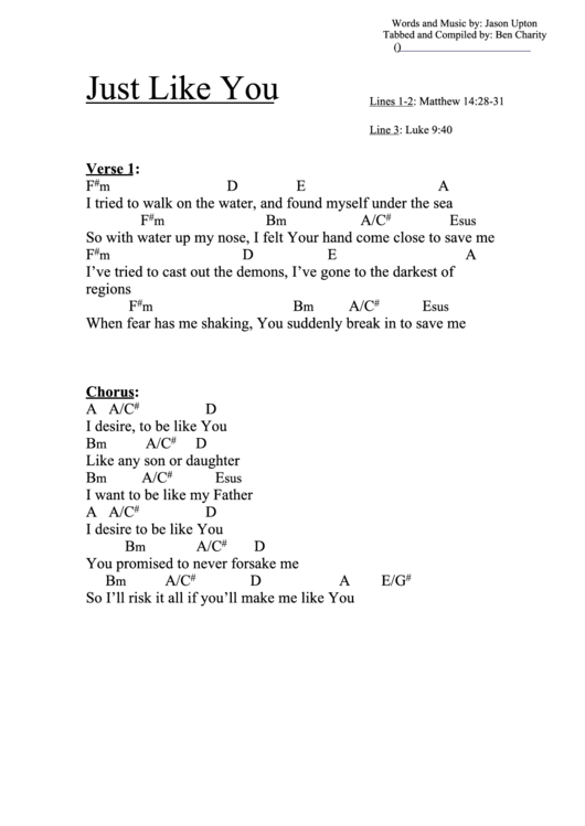 Just Like You (A) Chord Chart Printable pdf