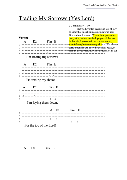 Trading My Sorrows (Bass Tab) Chord Chart Printable pdf