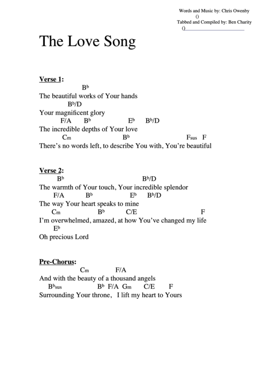 The Love Song (Bb) Chord Chart Printable pdf