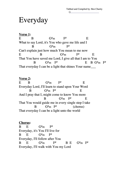 Everyday (E) Chord Chart Printable pdf