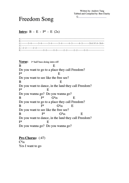 Freedom Song (B) Chord Chart Printable pdf