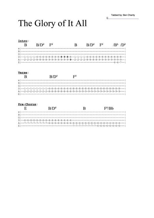 The Glory Of It All (Tab) Chord Chart Printable pdf
