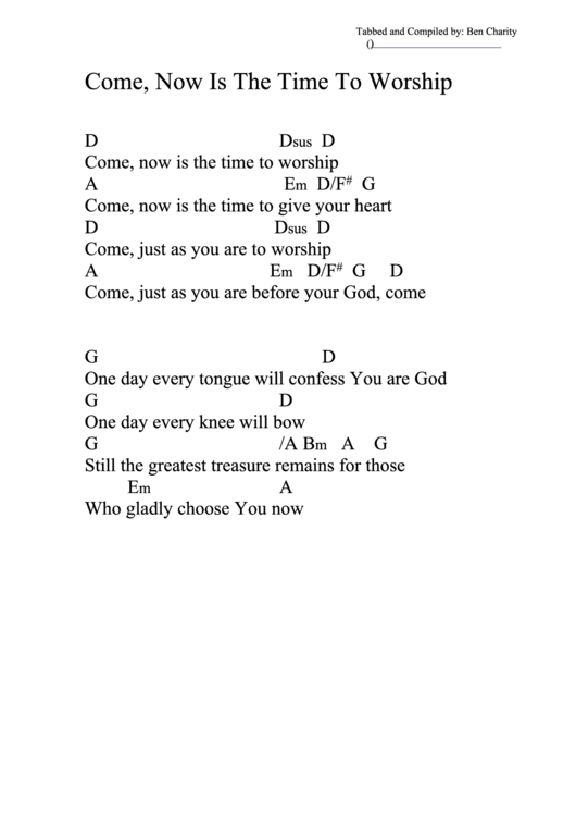 Come, Now Is The Time To Worship (D) Chord Chart Printable pdf
