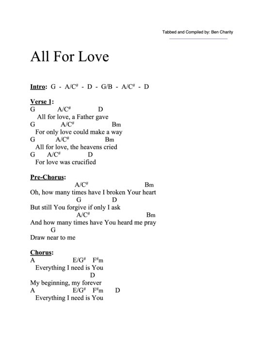 All For Love (D) Chord Chart Printable pdf
