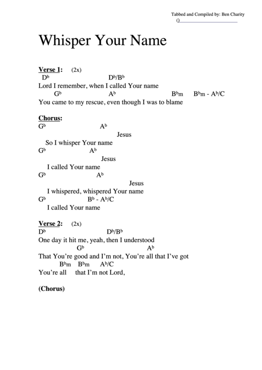 Whisper Your Name (Db) Chord Chart Printable pdf