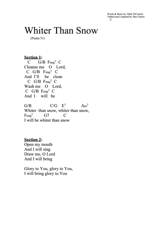 Psalm 51 (Whiter Than Snow) (C) Chord Chart Printable pdf