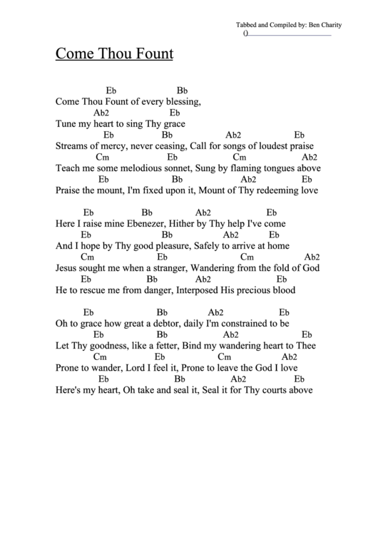 Come Thou Fount (Eb) Chord Chart Printable pdf