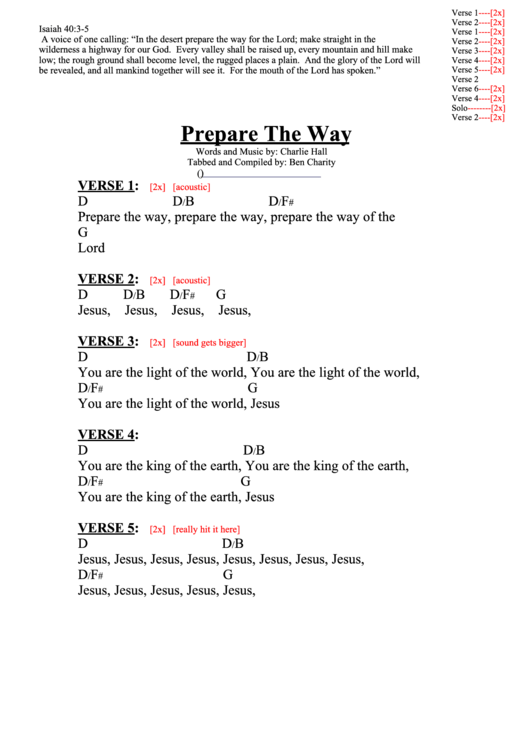 Prepare The Way (D) Chord Chart Printable pdf
