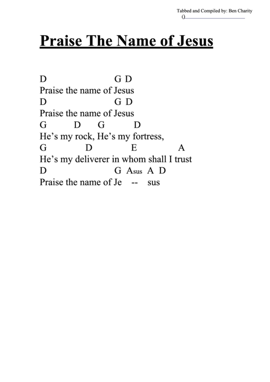 Praise The Name Of Jesus (D) Chord Chart Printable pdf