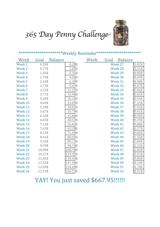 365 Penny Challenge Weekly Calendar - The Latina Next Door Printable pdf
