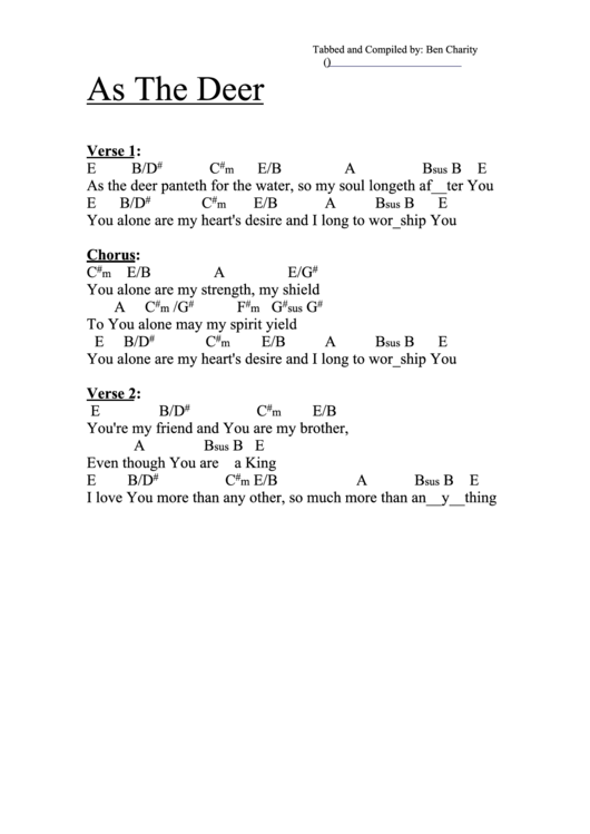 As The Deer (E) Chord Chart Printable pdf